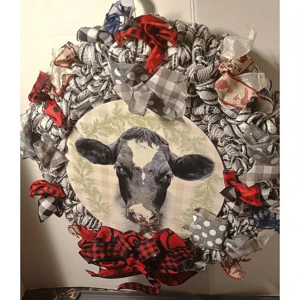 Handmade Cow Wreath Unisex Large Black White Excellent Farmhouse Plaid Mesh
